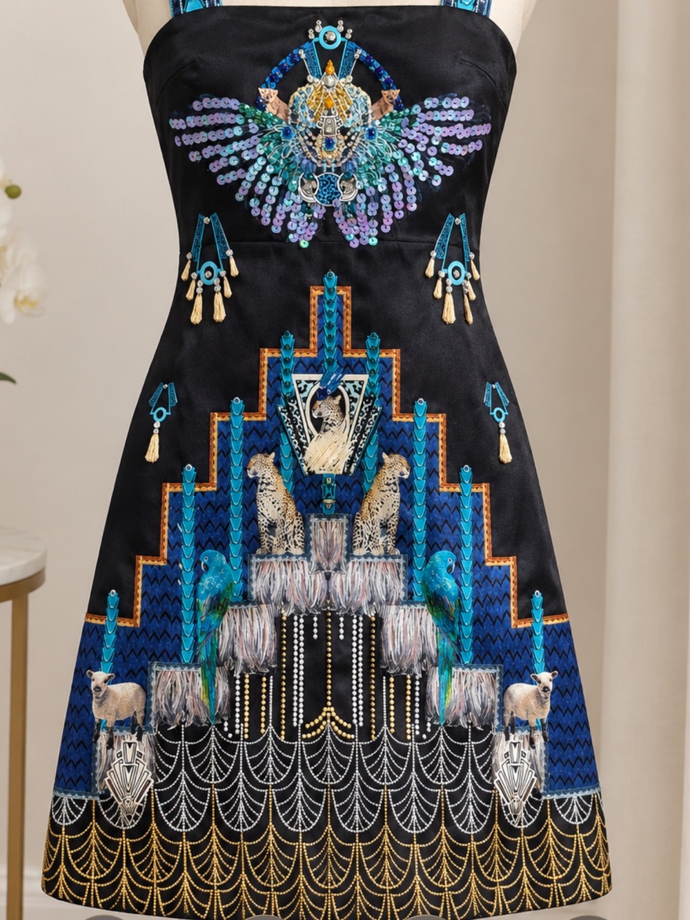 BURRYCO Black Dress with Blue & Teal Embellished Motifs